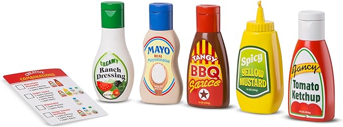 Melissa & Doug 5-Piece Favorite Condiments Play Food Set Play Ketchup and Mustard Bottles, Pretend Food Set for Kids Ages 3+