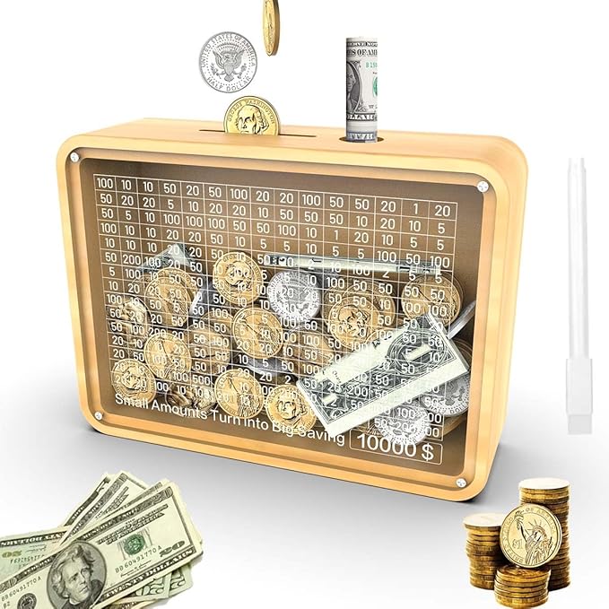 Piggy Bank for Adults Kids, Wooden Coin Bank for Boys and Girls, Cash Vault Money Saving Box with Counter $10000 Savings Challenge Money Box with Money Target and Numbers (Acrylic $10000)