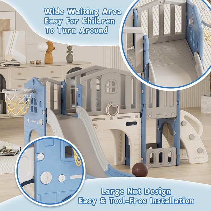 8 in 1 Toddler Slide Set, Kids Slide for Toddlers Age 1-3, Toddler Climber Slide PlaySet with Basketball Hoop and Ball, Outdoor Indoor Kids Playground for Toddlers 1-3, Blue Grey