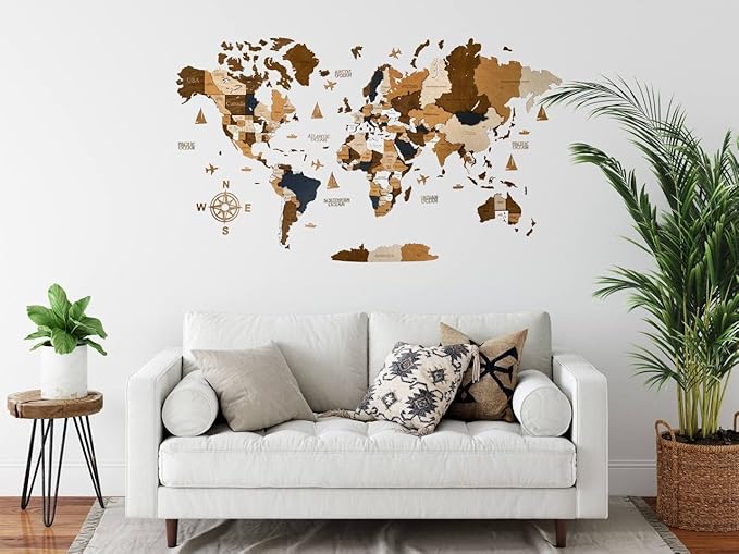 Wooden World Map 3D Art Large Wall Decor - Size (M & L & XL) Any Occasion Gift Idea - Wall Art For Home & Kitchen or Office (COFFEE, 83,86" x 44,49")