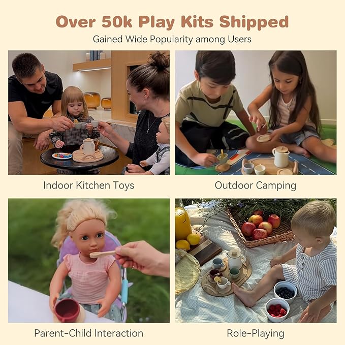Wooden Tea Party Set for Little Girls 14pcs Toddler Tea Set with Silicone Teapot Cups Carrying Tray Scoop Kids Kitchen Accessories Pretend Play Wooden Toys for 3 4 5 6 Year Old Girl Birthday Gift