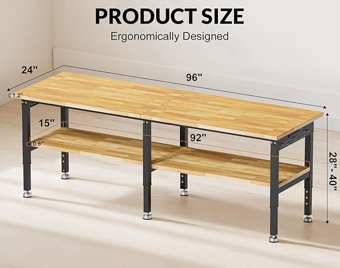 96” Heavy Duty Work Bench, 2-Layer Adjustable Workbench, 5000 LBS Capacity Work Bench with Power Outlet & Pegboard, Rubber Wood Work Table for Garage, Workshop, Office, Home
