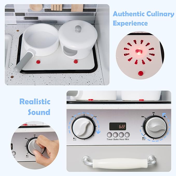 INFANS Kid Kitchen Playset, Toddler Wooden Pretend Cooking Set with Realistic Light & Sound, Stove, Sink, Microwave, Storage Cabinet, Play Kitchen Toy Set for Children Boys Girls (Grey)