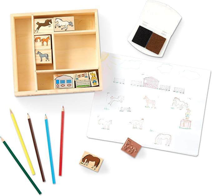 Melissa & Doug Wooden Stamp Activity Set: Horse Stable - 10 Stamps, 5 Colored Pencils, 2-Color Stamp Pad