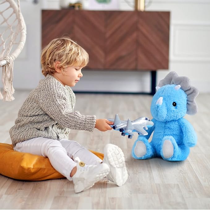 VANLINNY Blue Dinosaur Stuffed Animals, 9" Soft Dinosaur Plush Toys for Boys, Cute Triceratops Figure, Birthday Xmas Gifts for Grandkids Boys Toddlers and Girls 3 4 5 6 7 8 Year