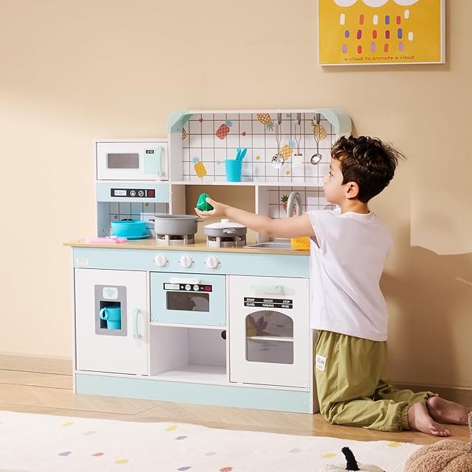 VEVOR Play Kitchen for Kids, Wooden Toy Kitchen Set with Lights and Sounds, Toddler Kitchen with Ice Maker, Oven, Sink, Microwaves, Fridge and Utensil and Fruit Accessory for Toddlers Ages 3-8, White
