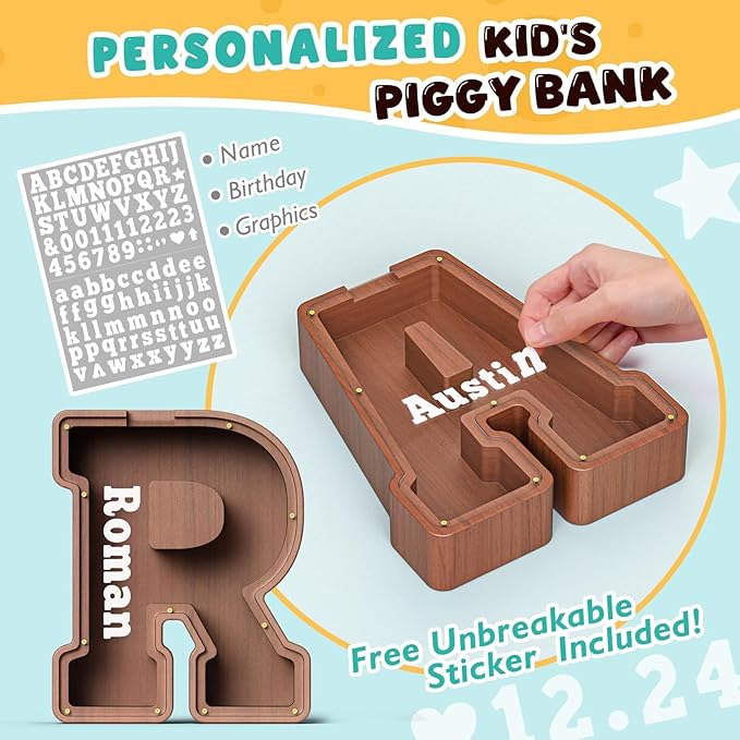 Summidate Wooden Letter Piggy Bank, Extra Thick Large Capacity Piggy Bank for Kids Boys Girls Toddler, Alphabet R Money Bank| Coin Box Birthday, Christmas, Festival