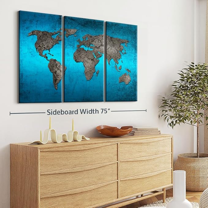 ElephantStock Ocean World Map Multi Piece Canvas - 3 Panel Wall Decor - Map of the World Art - Canvas for the Office and Home - 65" X 42"