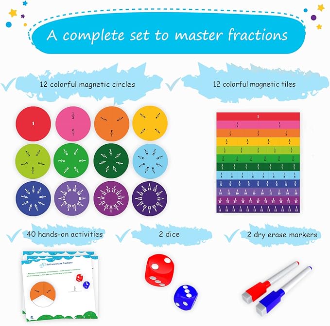 Simply magic 166 PCS Magnetic Fractions Activities Class Set – Fraction Strips, Tiles, Circles & Bars, Magnetic Math Manipulatives for Kids, Perfect Classroom Learning Tools, Homeschool Supplies