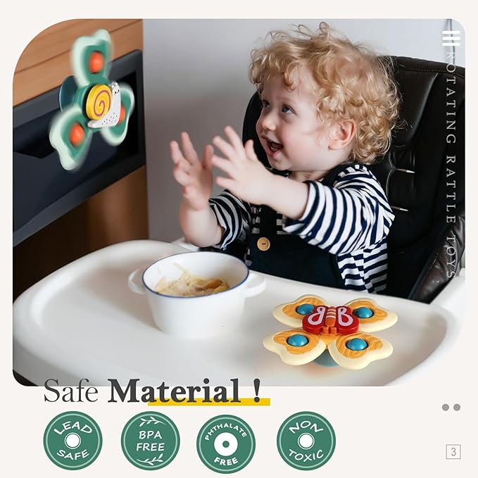 ALASOU 3PCS Suction Cup Spinner Toys for 1 Year Old Boy Girl|Spinning Top Baby Toys 12 18 Months|1 2 Year Old Boy Birthday Gift|Baby Bath Toy for Kids Ages 1-3|Sensory Toy for Toddlers 1-3