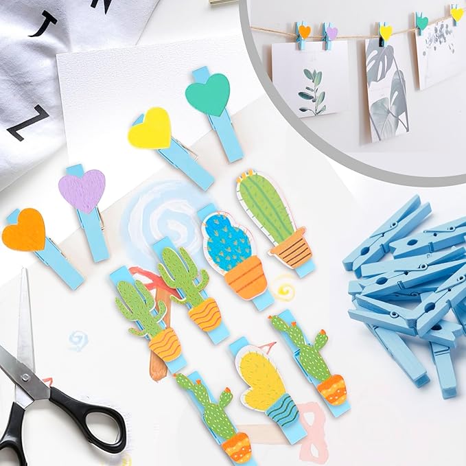 50PCS Colored Wooden Clothespins, 2.9inch Blue Clothes Pins for Clip Pictures Photos Decorative, Small Colorful Wood Decoration Closepins Clips