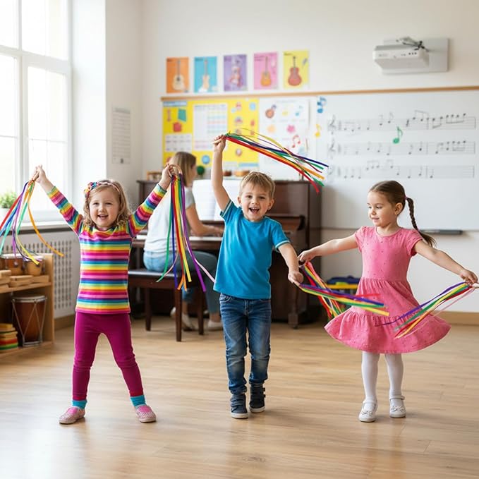 Sumind 6 Pcs Rainbow Ribbon Hand Kites Wands for Kids Dancer Streamer String Toy Thrown Waldorf Wand with Wooden Ring Wand Learning Educational(Vivid Colors)