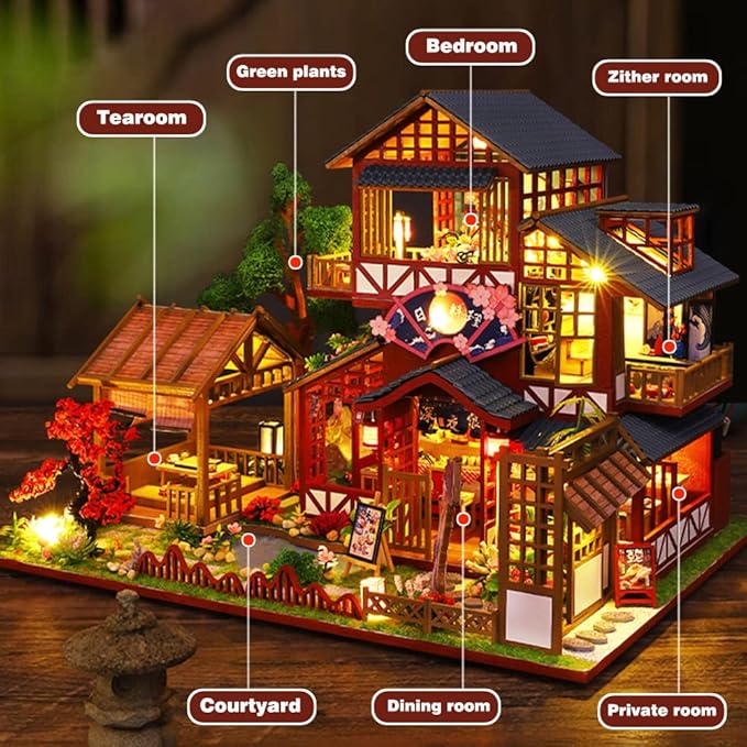 Yuzhen DIY Miniature Dollhouse with Furniture and LED Lights, Japanese Style Wooden Mini-Restaurant Includes Dustcover and Music Movement, Exquisite Home Decor