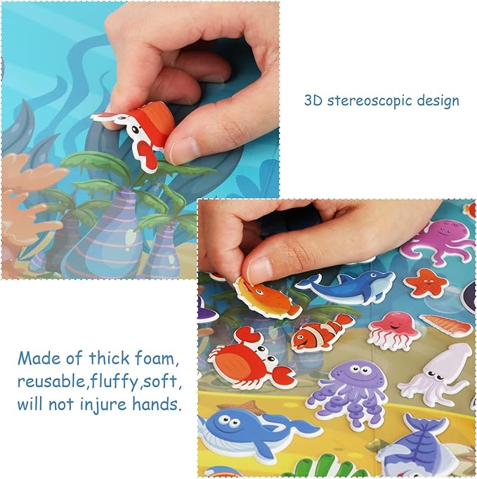 3D Sea Animals Puffy Sticker Play Set Kids 2-4 Toys Gifts Sticker Book Under the Sea Window Gel Clings Decals for Toddlers Home Airplane Classroom Nursery Ocean Party Supplies Decorations Removable 100 Reusable Puffy Stickers 2 Fold-Out Scenes