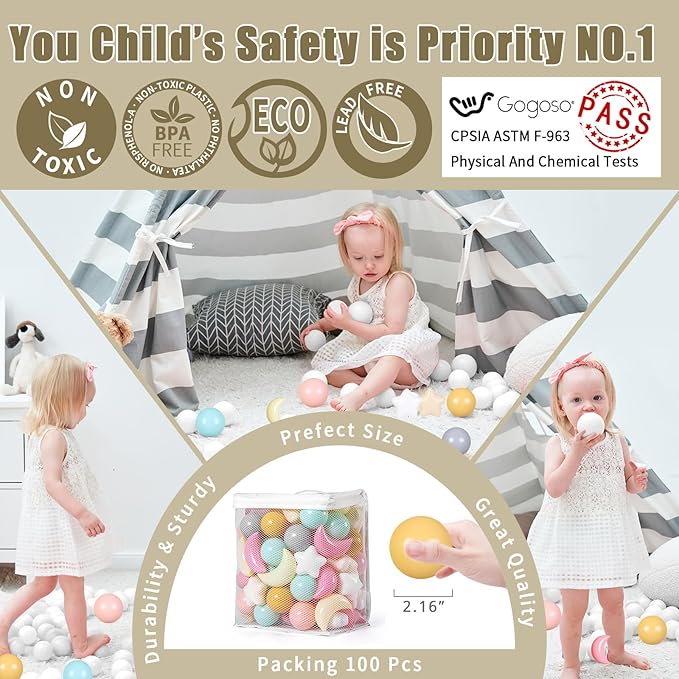GOGOSO Ball Pit Balls Stars Moon Shapes Plastic Pitballs for Toddler Play Tent Baby Photo Props Kids Pool Water Toys Kiddie Pool Party Decor, Cream Mix 7 Colors,100PCS