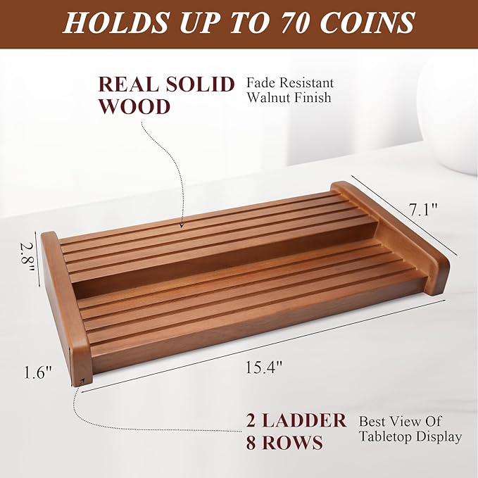Challenge Coin Display Holder, 8 Rows Solid Wood Military Coin Stand Holds 60-70 Coins, Army Coin Display Rack for Desk (Walnut Finish)