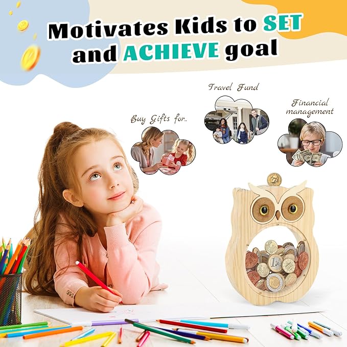 Wooden Money Bank, House-Shaped Piggy Bank with Clear Window, Decorative Coin Storage Box for Kids (Owl Piggy Bank)
