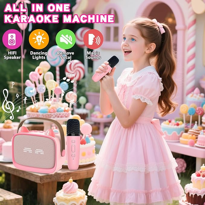 Mgaolo Upgraded Mini Karaoke Machine Toy for Kids, Portable Bluetooth Speaker with 2 Wireless Mics, Emoji & Colorful LED Lights, Home Travel & Party Play Gifts for Boys Girls (Pink)
