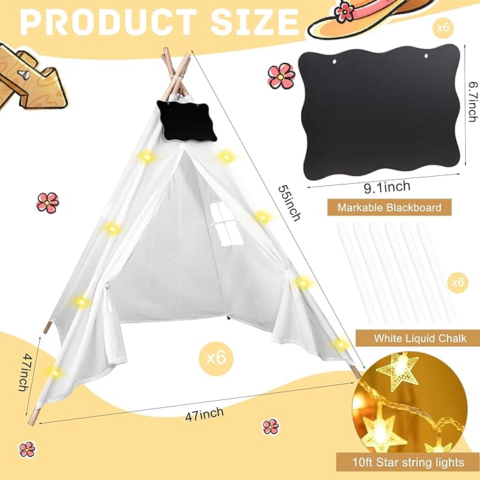 6pcs Teepee Tents Set with Markeable Small Blackboards and 10FT String Lights, Foldable Indoor Outdoor Play Teepee Tent for Girls & Boys, for Birthday Party Boho Sleepovers Party (White)