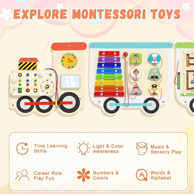 Montessori Sensory Board - Electric Train Wooden Wall Busy Board, Toddler Learning Panel Wall-Mounted, Educational Toys for 3-6 Years, Interactive Playroom/Daycare Activity Gifts for Boys Girls