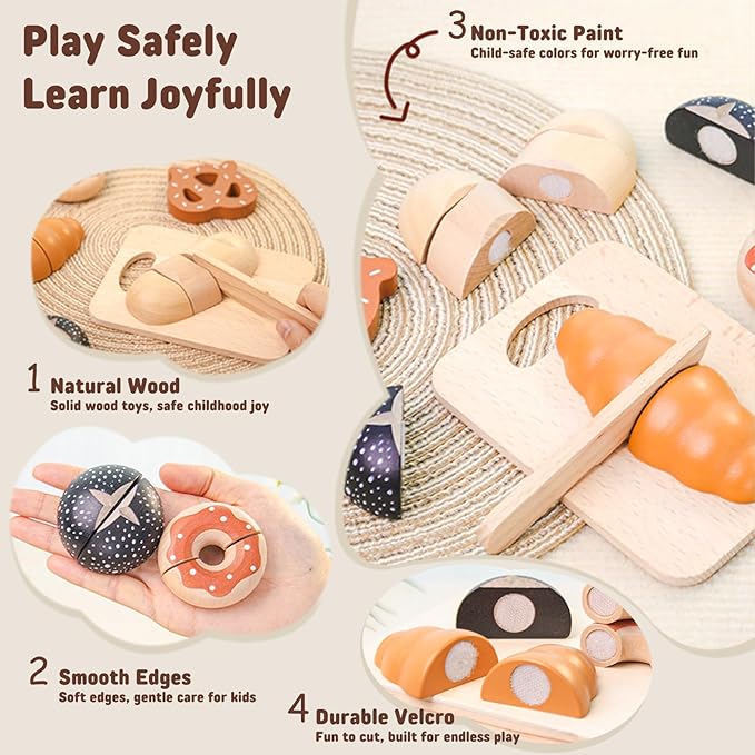 Wooden Food for Play Kitchen 18 PCS Play Food Set for Kids Kitchen Play Kitchen Food with Storage Bag Wooden Bakery Pretend Food Toy for Birthday Gift