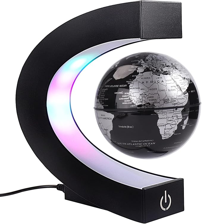 Floating Globe with Colored LED Lights C Shape Anti Gravity Magnetic Levitation Rotating World Map with Touch Switch for Gift Home Office Desk Decoration With Switch(Black)