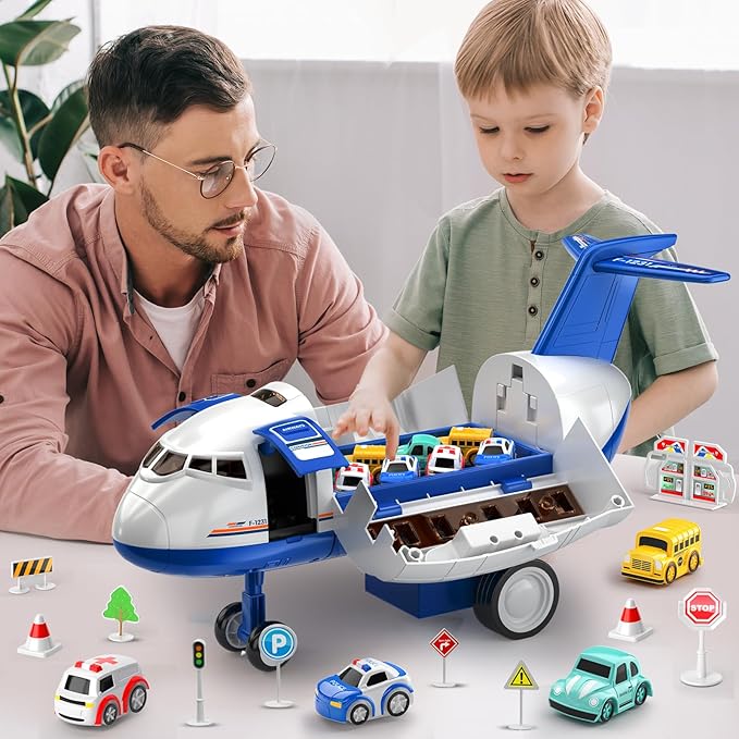 Airplane Toys for Toddlers 2-4 - Boy Toy Car Race Tracks for Kids Ages 3-5 with 8 Small Car Toys, Toddlers Educational Toy, Birthday Gifts for Boys 3-5