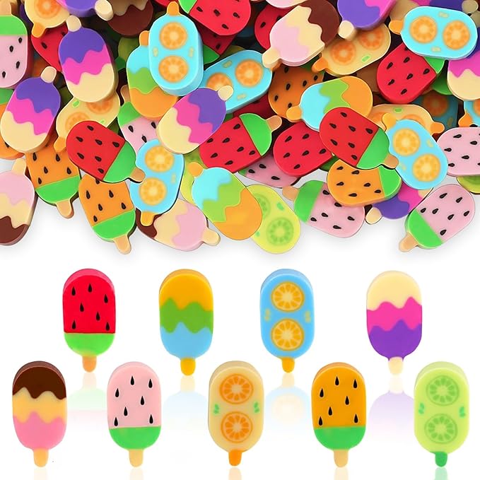 JUNEBRUSHS 150Pcs Ice Cream Mini Erasers for Bulk, Cute Fruit Shaped Pencil Erasers for School Classroom Prizes Homework Rewards Gifts Party Favors