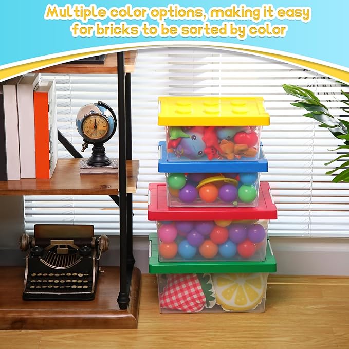 Vicenpal 4 Pack Toy Storage Containers with Lids Brick Shaped Kids Toy Organizer Box Plastic Clear Stackable Bin Chest for Building Block Dolls(Large, Small,Red, Yellow, Blue, Green)
