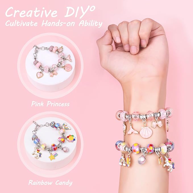 UFU Charm Bracelet Making Kit -120Pcs DIY Jewelry Making Kit, Mermaid Gifts for Girls Toys Crafts for Teen Girls Ages 5 6 7 8-12, with Portable Bracelet Organizer Box