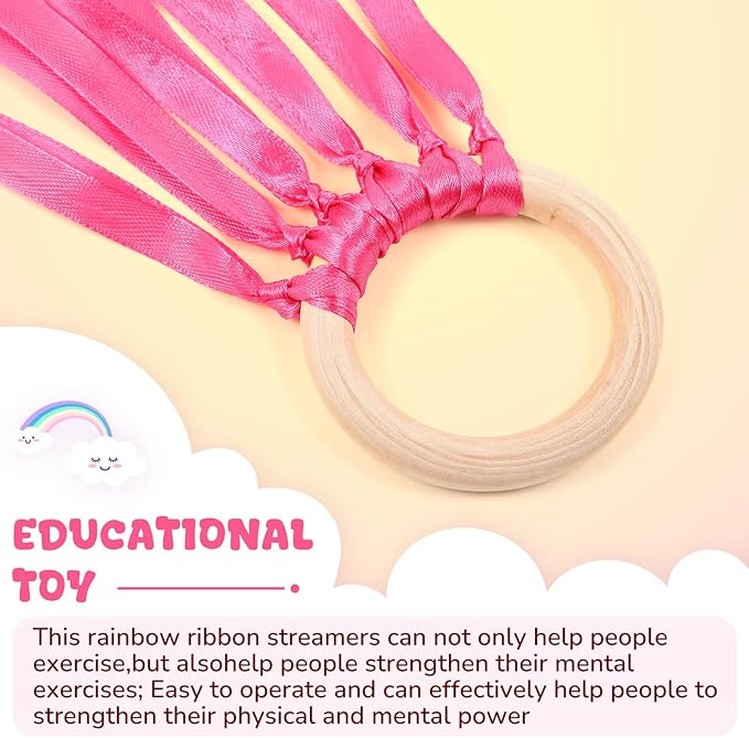 Junkin Ribbon Rings Hand Kite Waldorf Toys Dancing Wrist Ribbons Rainbow Streamers with Wood Ring Educational Toy for Playroom Dancing Birthday Party Gift(Solid Color,24 Pcs)