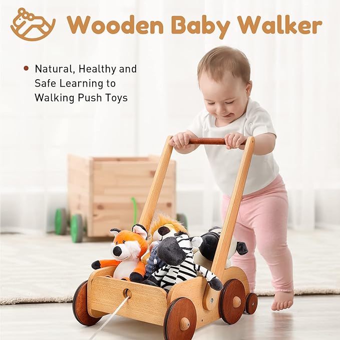 Woodtoe Wooden Baby Walker, Adjustable Speed Anti-Rollover Push Walker Toy for Babies Learning to Walk, Natural Wood Toddler Push and Pull Toys Wagon Birthday Toy for Boy Girl 1-3(Patent Protection)