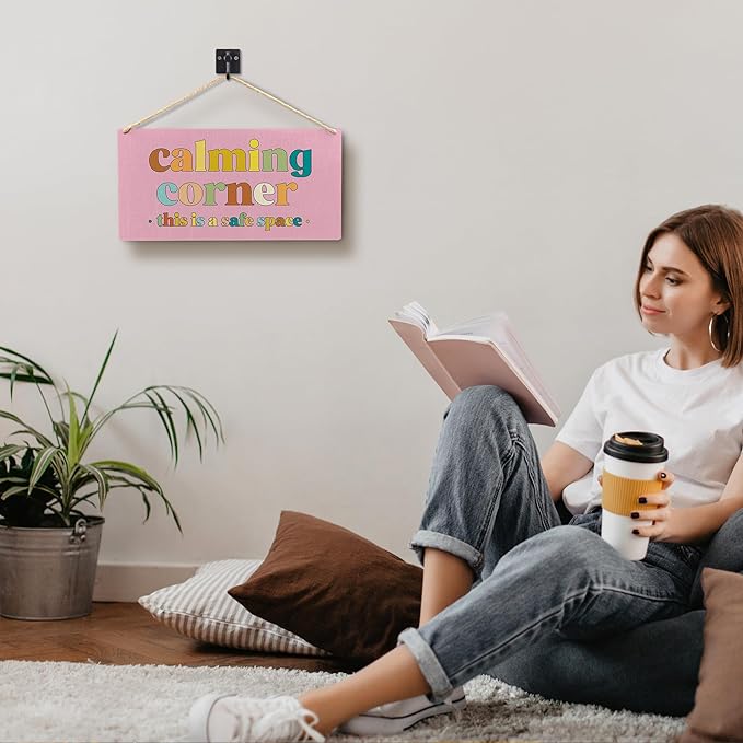 Calming Corner Hanging Wood Sign Plaque - Safe Space, Classroom Decor, School Counselor Office, Calm Down Corner Decorations, Boho Decor (Pink), 12x6