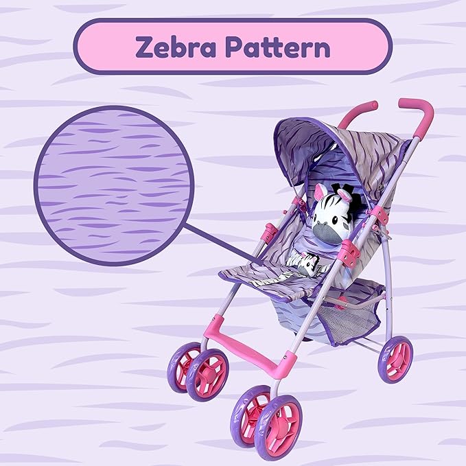 Baby Doll Stroller for Toddlers 1-3, Pillow Animal Toy Baby Stoller for Dolls, Pink & Purple Folding Baby Toy Stroller for Dolls, Foldable Stroller for Girls, for Kids (Zebra)