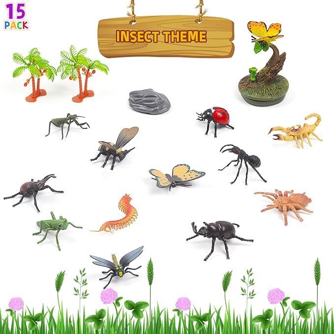 UNIQUE KIDS Mini Insect Figure Creatures in Tube 15 pcs Set | Realistic Tiny Little Animals for Sensory Bin, Birthday Party Favor, Toddler 3-5 (Insect)