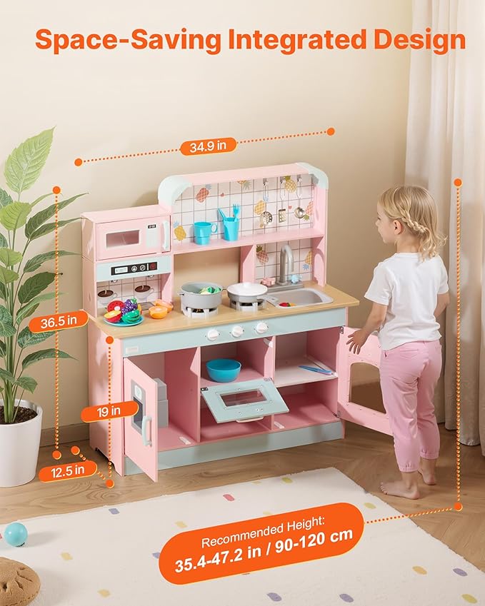 VEVOR Wooden Play Kitchen Toy, Play Kitchen for Kids with Lights and Sounds, Toddler Kitchen with Ice Maker, Oven, Sink, Microwaves, Fridge and Utensil and Fruit Accessory for Toddlers Ages 3-8, Pink