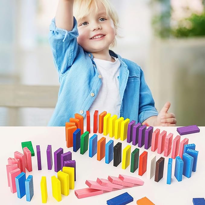 BigOtters Dominos Set for Kids,360 PCS Dominoes Wooden Building Blocks Stacking Educational Racing Toy Games, Party Favor for Boys and Girls, 12 Colors