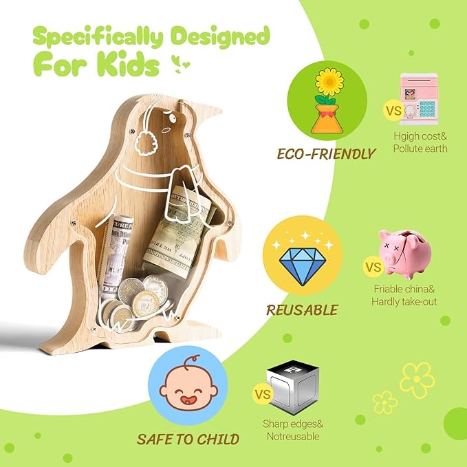 Wooden Penguin Piggy Banks for Kids Money Coin Bank, Cute Unbreakable Piggy Bank DIY Personalized Kids Safe Money Box with Stickers, Toddler Birthday Baptism Gifts for Girls Boys Penguin Lovers