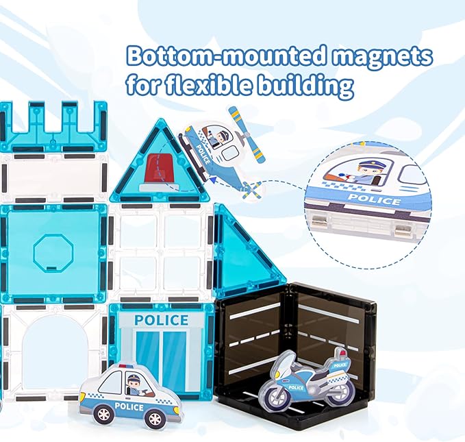 Police Theme Magnetic Tiles (42PCS),STEM Toys with Police Car & Helicopter, Preschool Learning Building Set for Ages 3-8, for Boys Girls(Dog, Traffic Light)