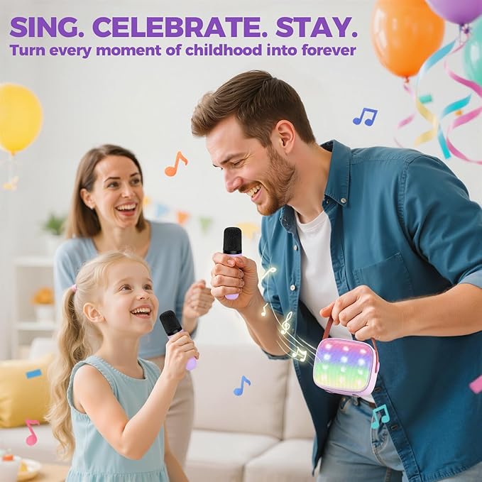 Mini Karaoke Machine with 2 Wireless Microphones, TOP Kids Gifts for Girls Ages 3, 4, 5, 6, 7, 8, 9, 10, 11, 12 +Years Old, 4-12th Birthday Toy Gift for Girls Boys Party (Purple)
