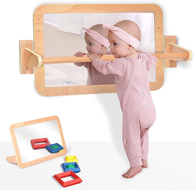 Montessori Baby 2-in-1 Shatterproof Safety Mirror with Pull-Up Bar - Infant Wall Mount & Floor Play for Tummy Time (6-18 Months)
