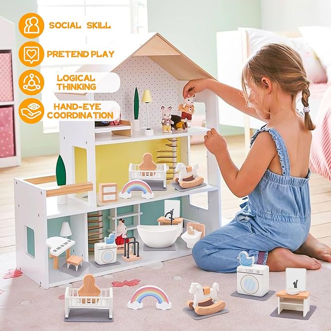 Wooden Dollhouse Furniture Set Elegant Kid’s Room & Bathroom Doll House Accessories, Premium Wood Toys for 3-6 Year Olds, Dollhouse Decor Set for Girls & Boys Birthday Christmas