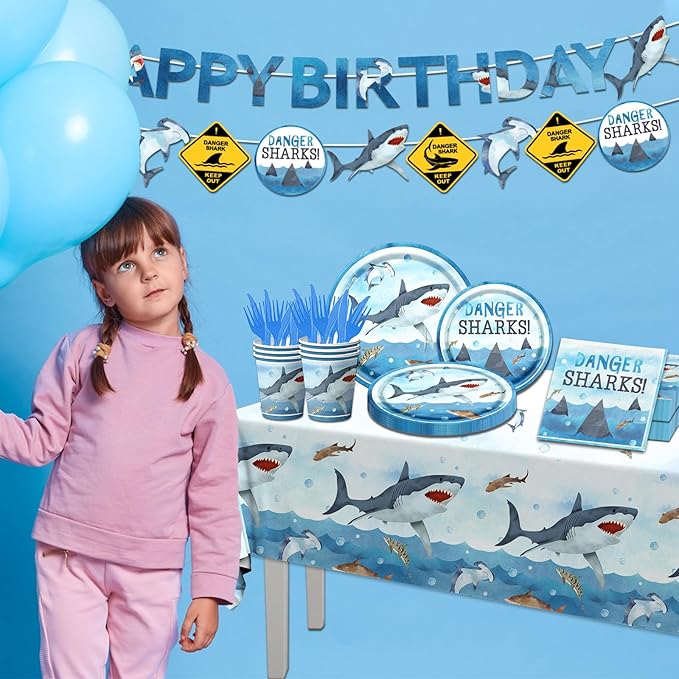 Shark Birthday Party Decorations, 142Pcs Shark Birthday Supplies Tableware Set Includes Plates and Napkins, Cups, Banner, Tablecloth for Baby Shower Ocean Shark Under The Sea Theme Party Supplies
