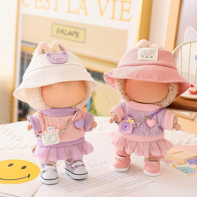 17cm Doll Clothes Set (No Doll), 5 Pieces Skirt Outfit Set for 6.7inch Dolls Dress Suit, Fashion Kawaii Dress Up Hat Overskirt Shoes Accessories for 1st/2nd/3rd Gen Dolls Play & Display Purple
