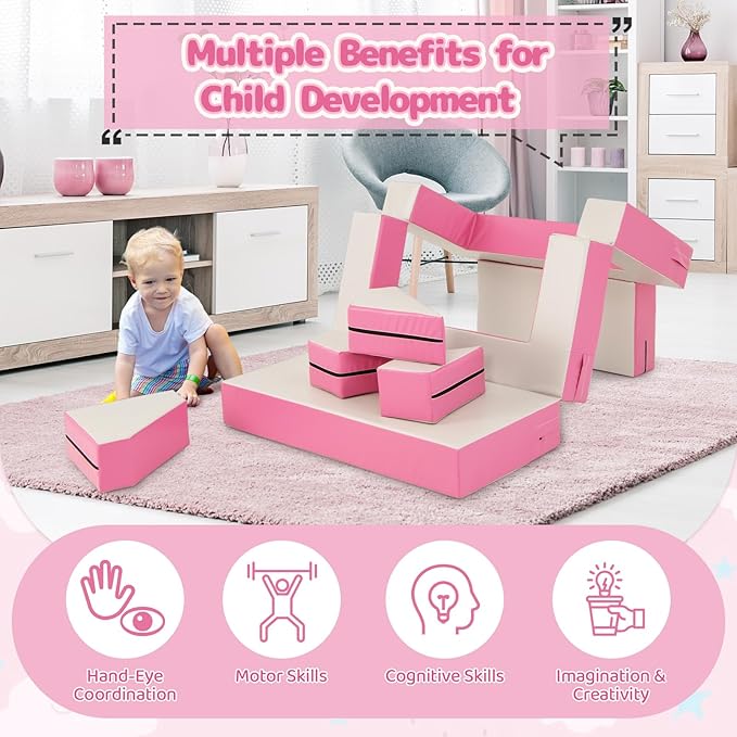 Costzon Climb and Crawl Foam Set, 4-in-1 Convertible Furniture Into Toddler Bed, Sofa, Table, Activity Play Blocks, 8-Piece Lightweight Colorful Interactive Set for Baby and Preschooler (Pink)