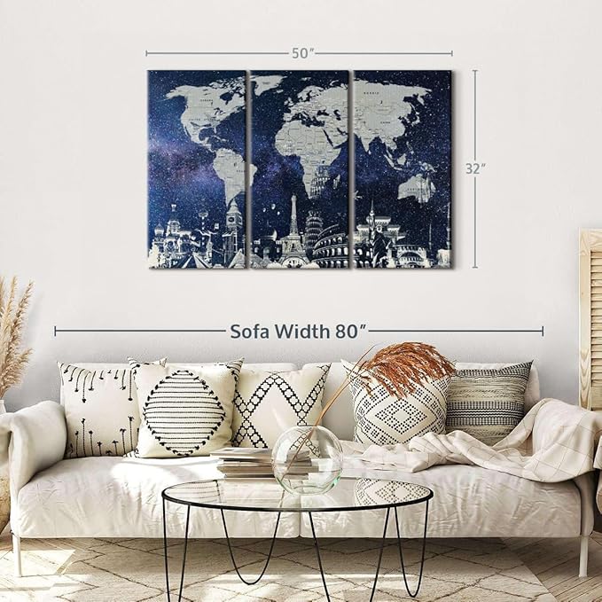 ElephantStock Starry World Map Multi Piece Canvas - 3 Panel Wall Decor - Map of the World Art - Canvas for the Office and Home - 50" X 32"