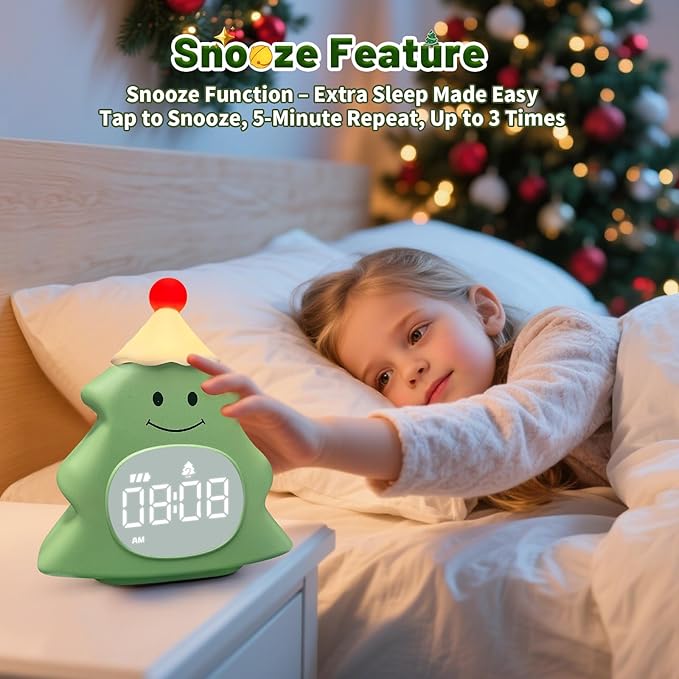 Christmas Tree Kids Alarm Clock, Digital Alarm Clock for Children with Snooze, 5 Ringtones, 8 Volume Levels, Gentle Night Light Timer, Easy-to-Read Display, Fun Holiday Wake Up Clock Gift