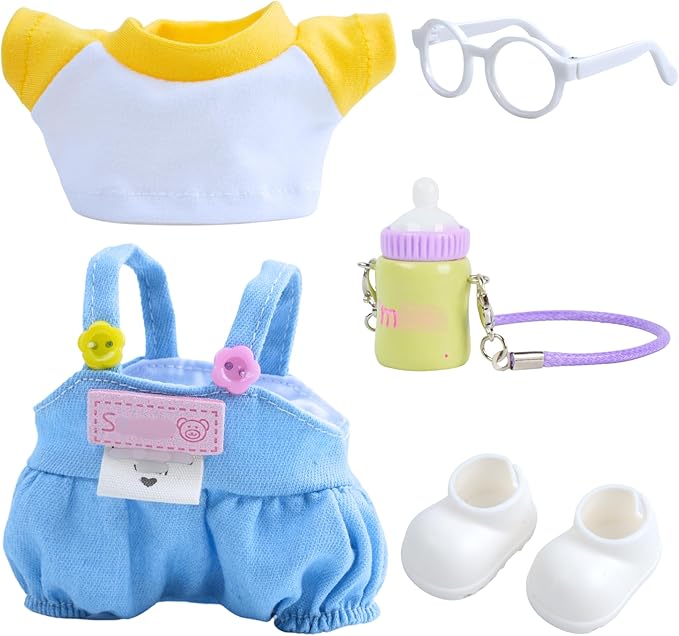 17 cm Doll Clothes for 5.9-6.69 inches (15-17 cm) Dolls, Dress up Style Unique 5-Piece Adorable Set, Including T-Shirt, Onesie, Shoes, Bottle, Glasses (Doll not Included) (Denim Blue)