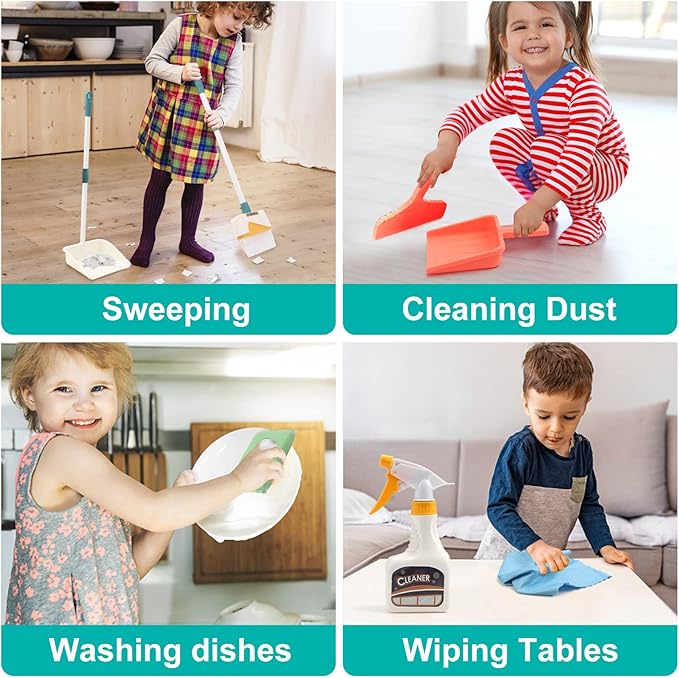 Joyfia Kids Cleaning Set 12 Piece, Toy Cleaning Set Includes Broom, Dustpan, Mop, Brush, Spray, Scraper, Bucket, Sponge and More, Pretend Play Housekeeping Kit for Toddlers Aged 3+