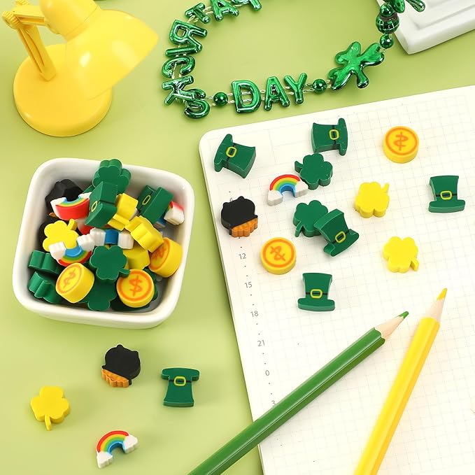 JUNEBRUSHS Erasers for Kids, 150Pcs St. Patrick's Mini Erasers Cute Pencil Erasers Shamrocks Erasers for Kids Bulk School Classroom Prizes Homework Rewards Party Favors